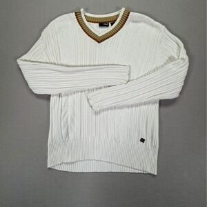 FILA Vintage Ribbed Knit V Neck Sweater Mens Large White Cotton Striped Collar